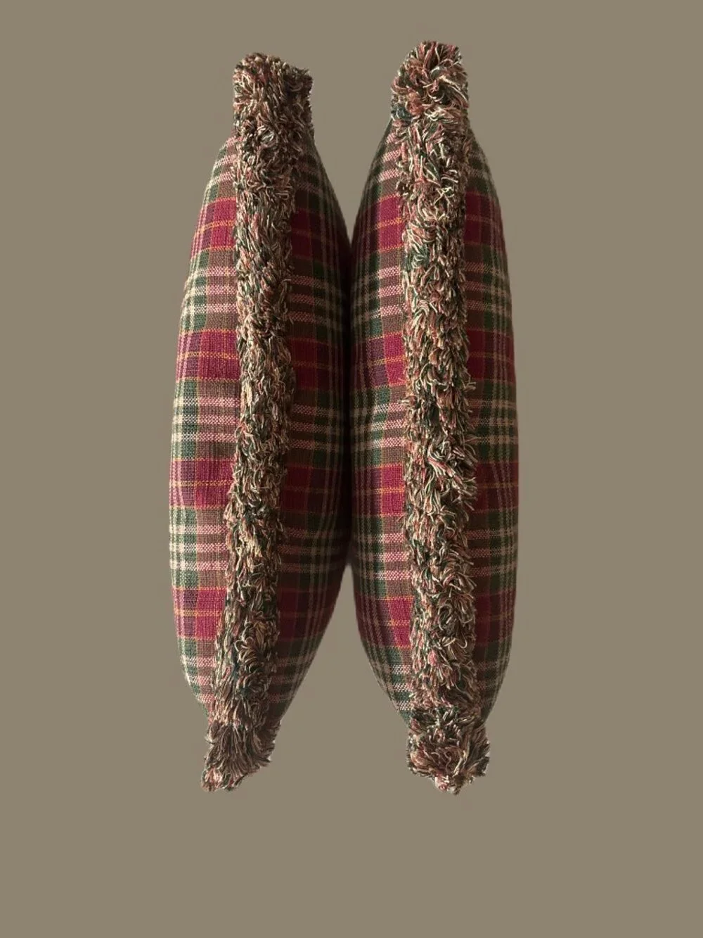 Lumbar Plaid Fringed Pillows in Colors of Burgandy, Green, and Tan